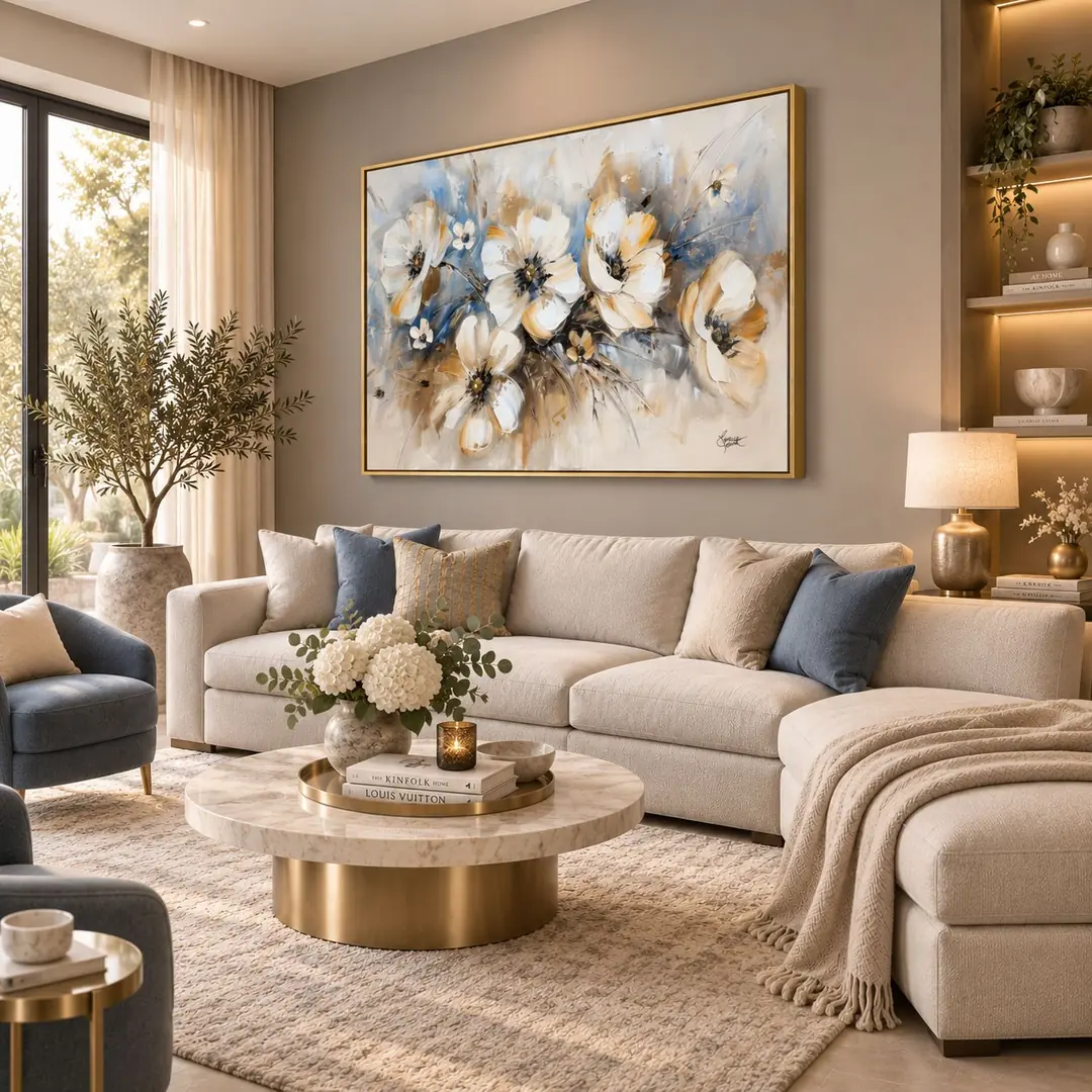 Eskitme Gold Çerçeveli - 105x143cm Gold Detaylı Mavi Beyaz Çiçekler Kanvas Tuval Tablo - VOOV9128 2