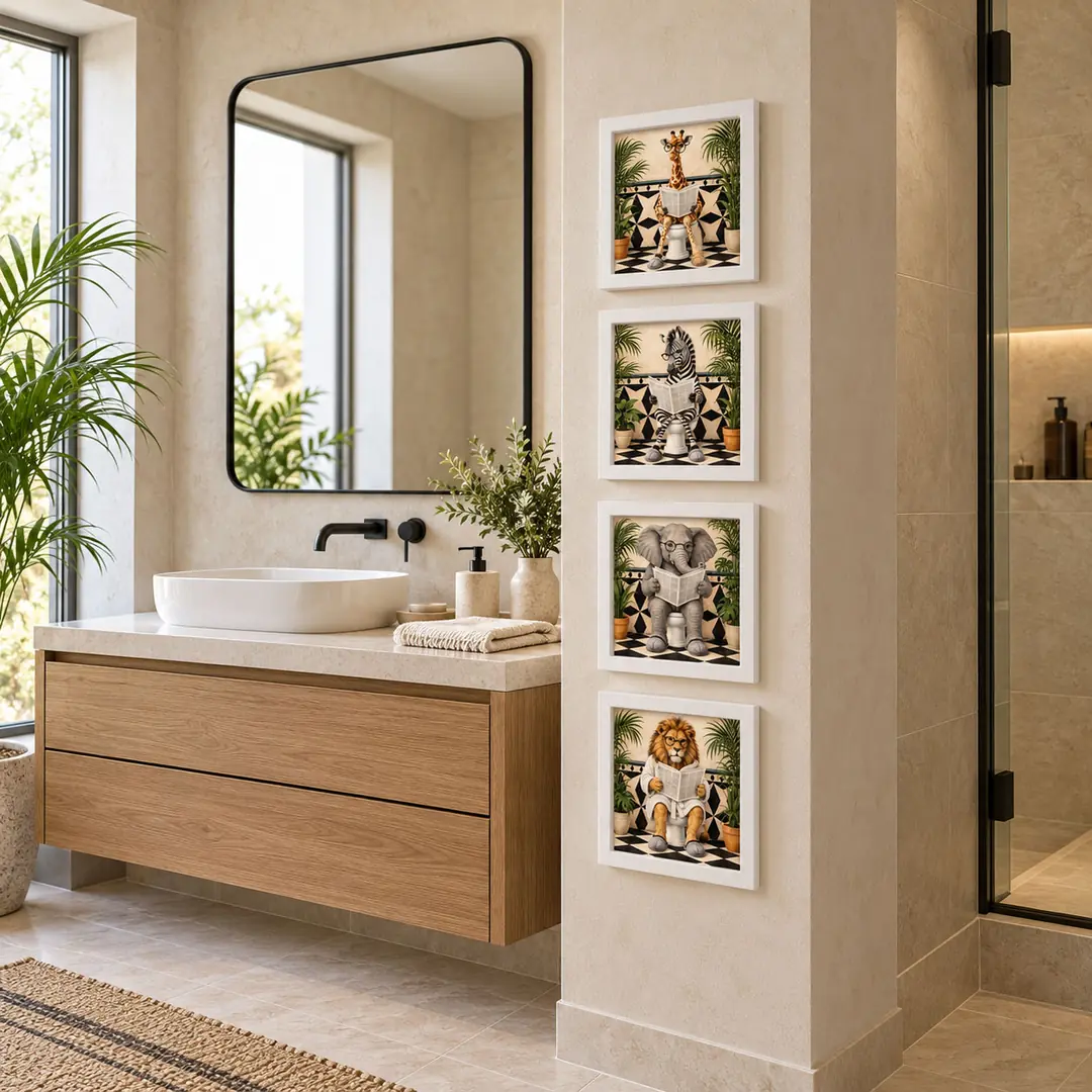 Safari Molası Banyo Tablo Seti - Dörtlü Kare Beyaz Ahşap Çerçeveli Lüks Tablo Seti ( 30x30cm ) 4 Adet