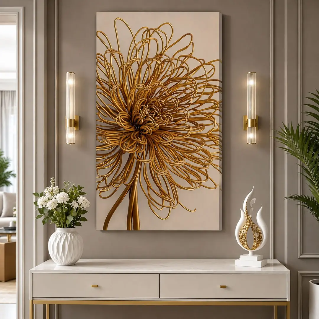 Gold Metal Dekoratif Soyut Çiçek Kanvas Tablo - VOOV2806 4