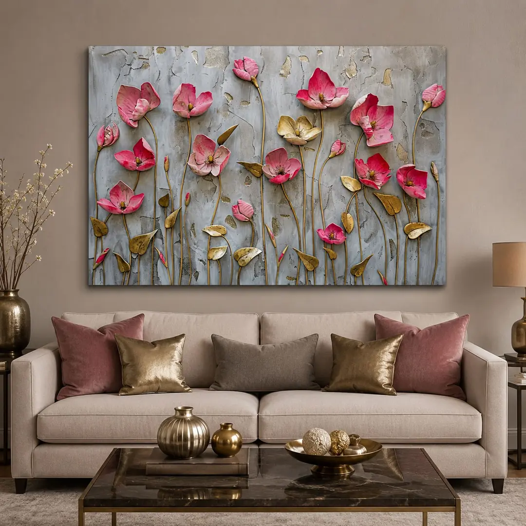 Gold Yapraklı Pembe Çiçekler Kanvas Tablo - VOOV3223 1