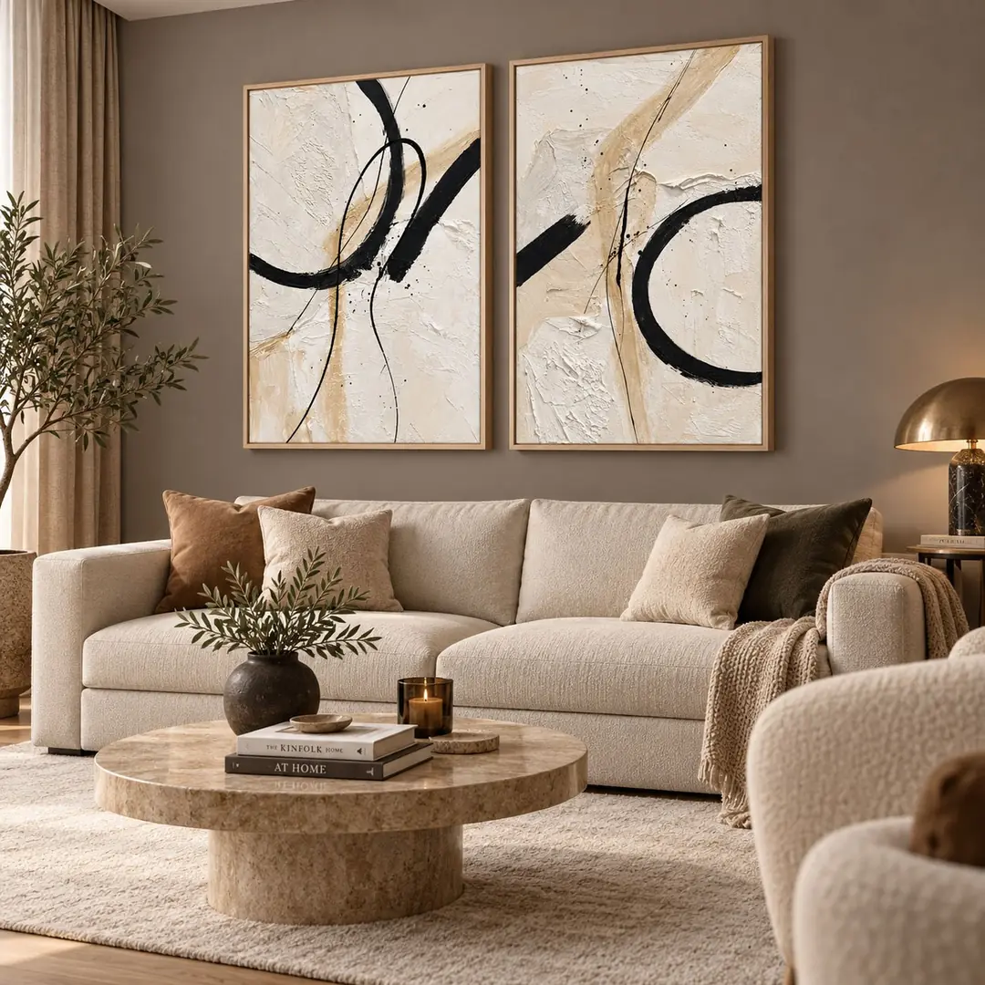 Natürel Ahşap Çerçeveli - 60x90cm Modern Bej Krem Siyah Soyut İkili Kanvas Tuval Tablo Seti - VOOV9144