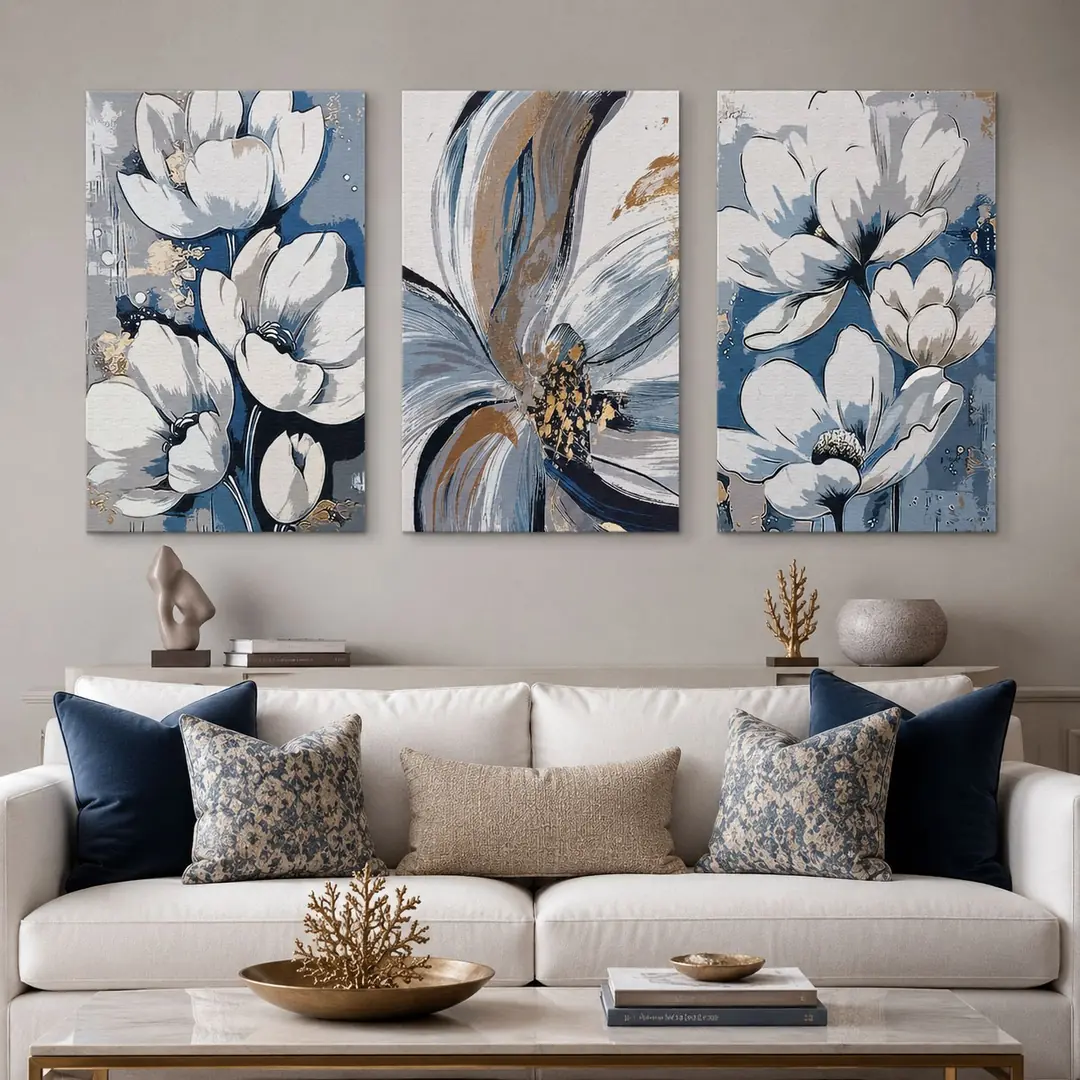 Soyut Çiçekler Kanvas Duvar Tablosu - 3'lü Canvas Tablo Seti - VOOV4404 1