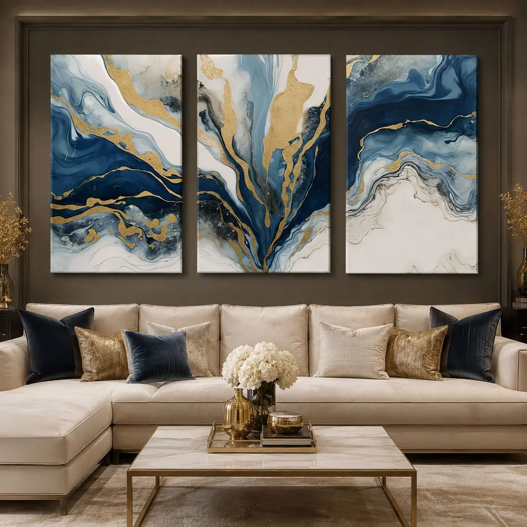 Mavi Gold Mermer Desenli Soyut Kanvas Duvar Tablosu 3'lü Canvas Tablo Seti - VOOV6077 1