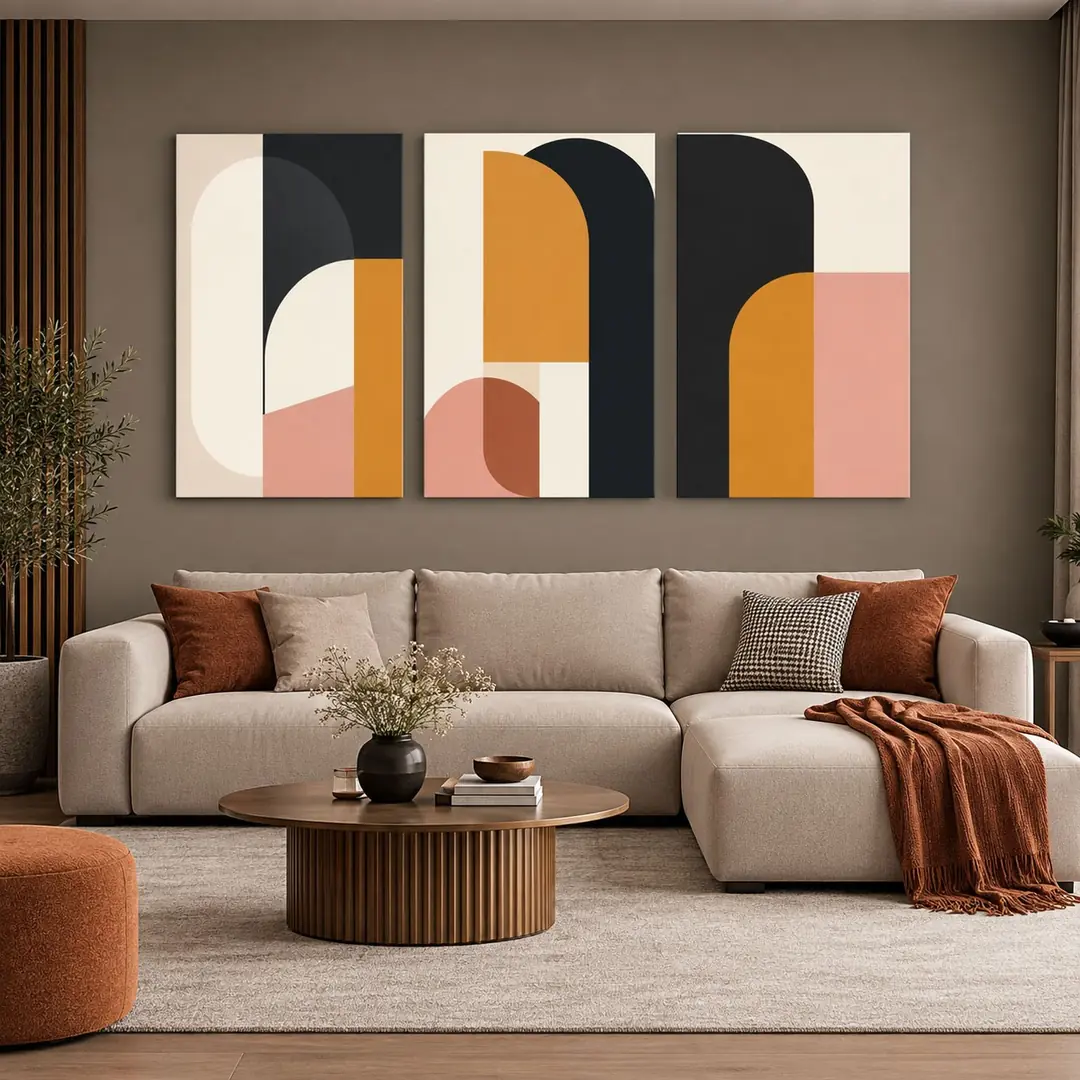 Modern Geometrik Soyut - Üçlü Kanvas Tuval Tablo Seti - VOOV6150