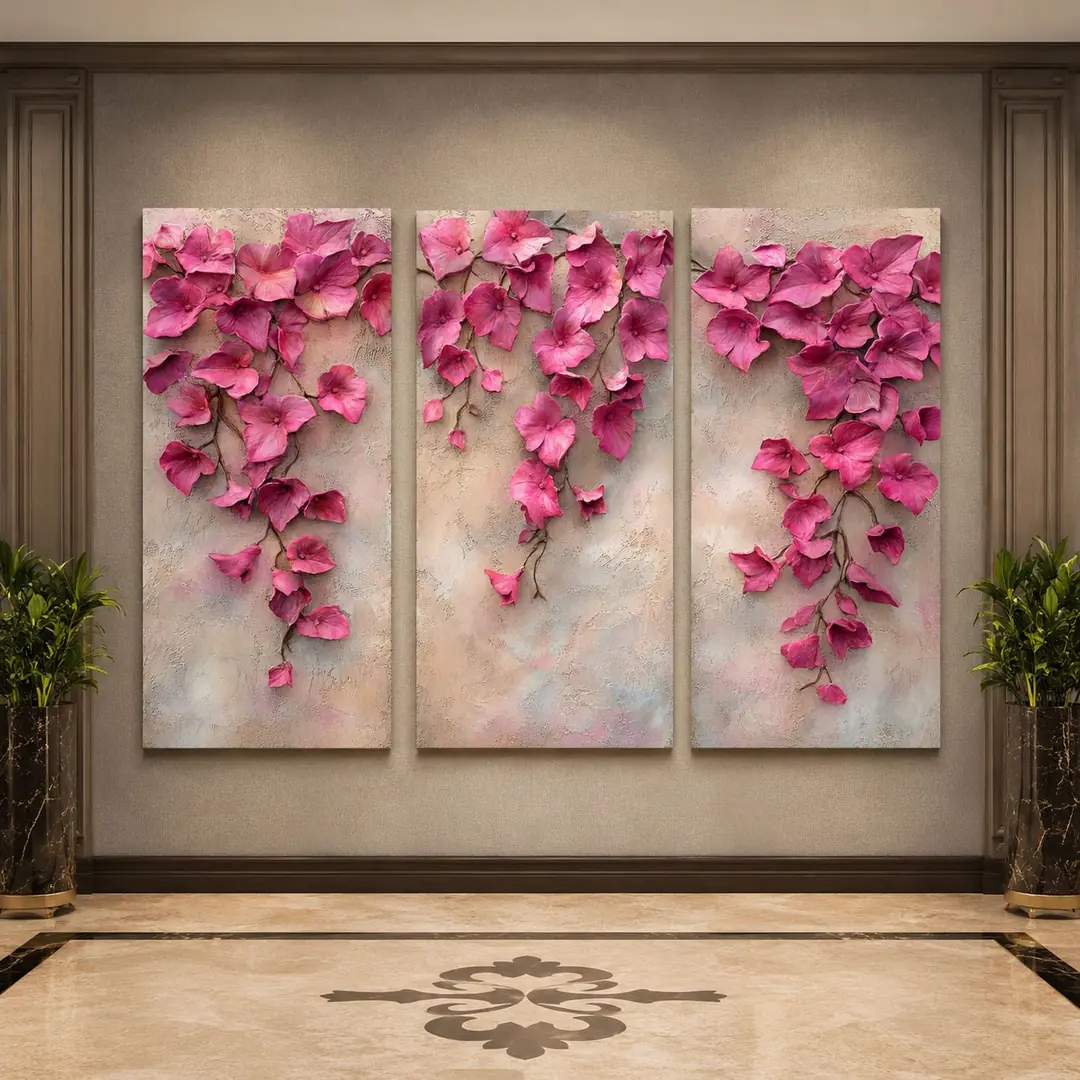 Sarmaşık Pembe Çiçekler Kanvas Duvar Tablosu - 3'lü Canvas Tablo Seti - VOOV6048 1