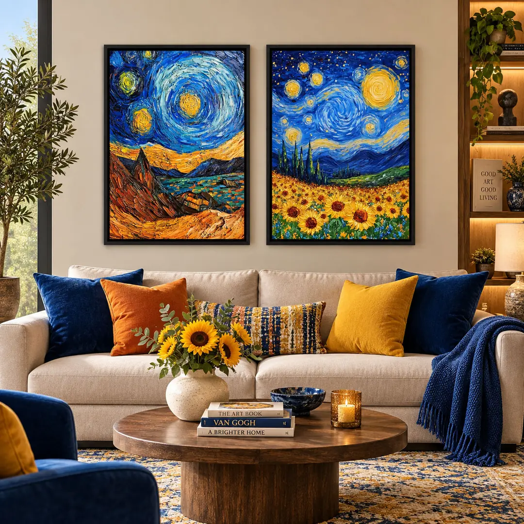 Ahşap Çerçeveli - Yıldızlı Gece - Misafir ve Oturma Odası İkili Tablo Seti - 50x70cm
