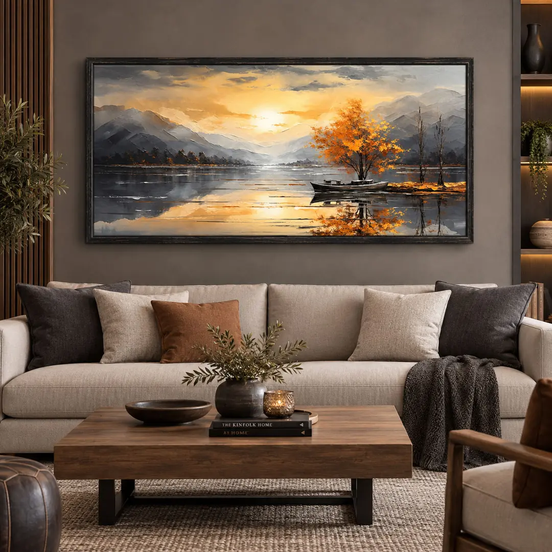 Ahşap Çerçeveli - Nostalji Gün Batımı Manzara - Misafir ve Oturma Odası Tablosu - 70x140cm