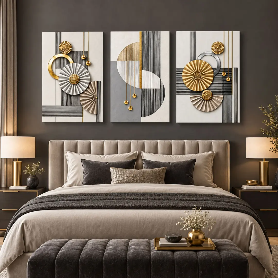 Modern Gold Gümüş Geometrik Soyut  Gri Ekru Antrasit - Salon Duvar Üçlü Kanvas Tuval Tablo Seti - VOOV6119