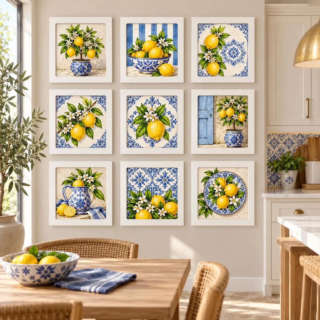 Akdeniz Limonları Mutfak Keyfi Seti - Dokuzlu Kare Beyaz Ahşap Çerçeveli Lüks Tablo Seti ( 30x30cm ) 9 Adet