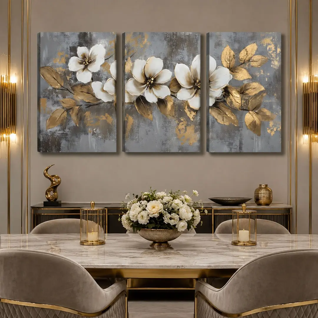 Golden Blossom Kanvas Duvar Tablosu - 3'lü Canvas Tablo Seti - VOOV4269 3