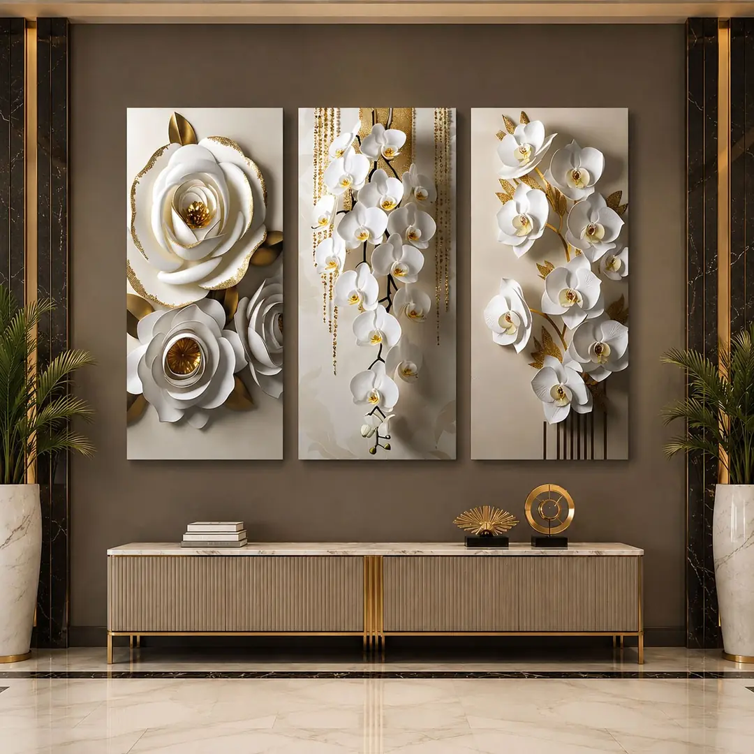 Gold Detaylı Beyaz Orkide ve Çiçekler Kanvas Duvar Tablosu - 3'lü Canvas Tablo Seti - VOOV6061 1