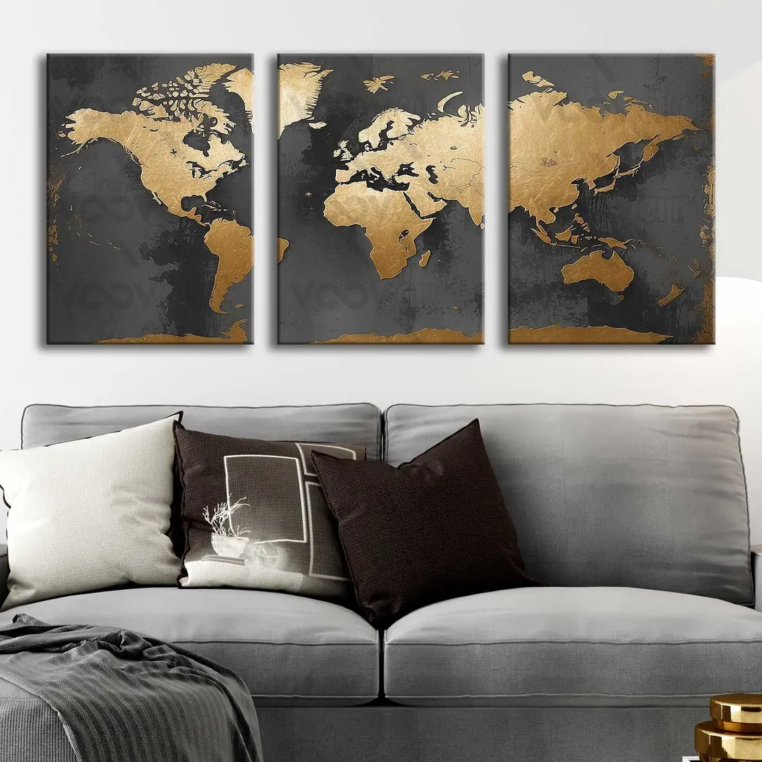 Dünya Haritası Kanvas Tablo - 3'lü Canvas Tablo Seti - VOOV4339 1