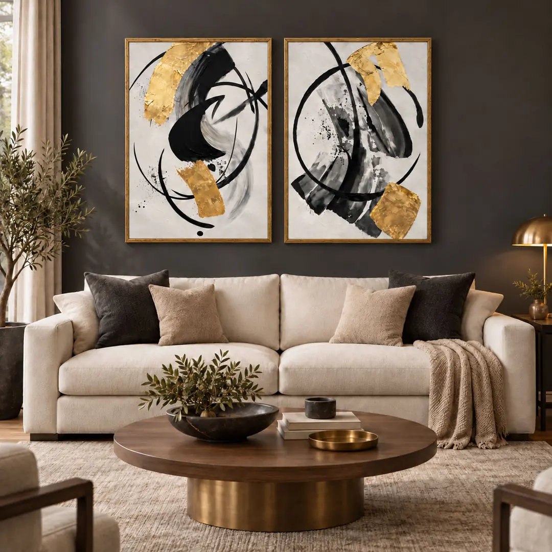Soyut Gold Siyah Ritim Siyah Gold Krem Gri - Salon Duvar İkili Kanvas Tuval Tablo Seti  - VOOV2669