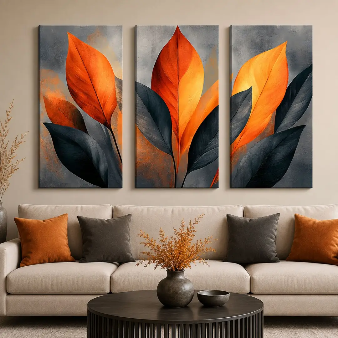 Turuncu Dekoratif Yapraklar Kanvas Duvar Tablosu - 3'lü Canvas Tablo Seti - VOOV6053 1
