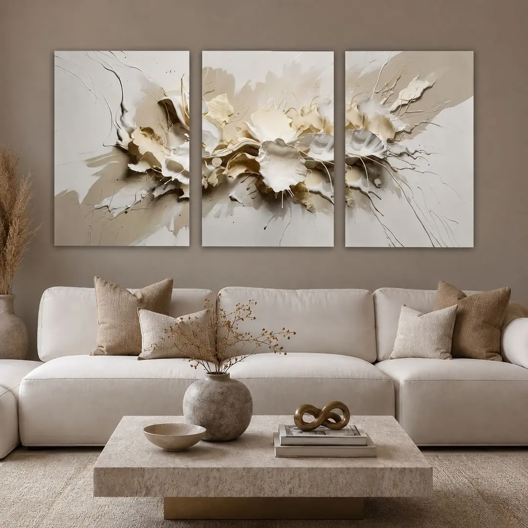 Fildişi Çiçekleri Kanvas Duvar Tablosu - 3'lü Canvas Tablo Seti - VOOV4286 3