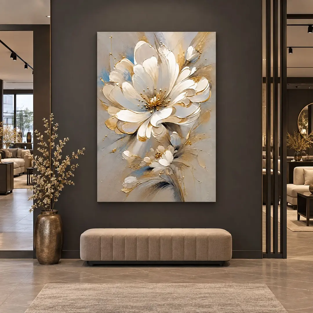 Beyaz Gold Çiçek Tuval Kanvas Tablo - VOOV3747 1