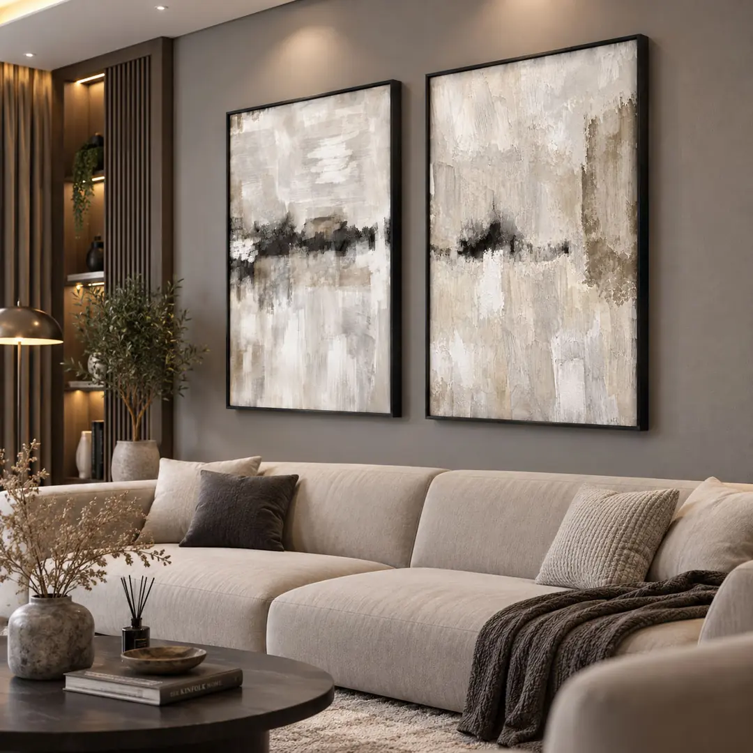 Ahşap Çerçeveli - Modern Soyut Bej - Misafir ve Oturma Odası İkili Tablo Seti - 50x70cm 2