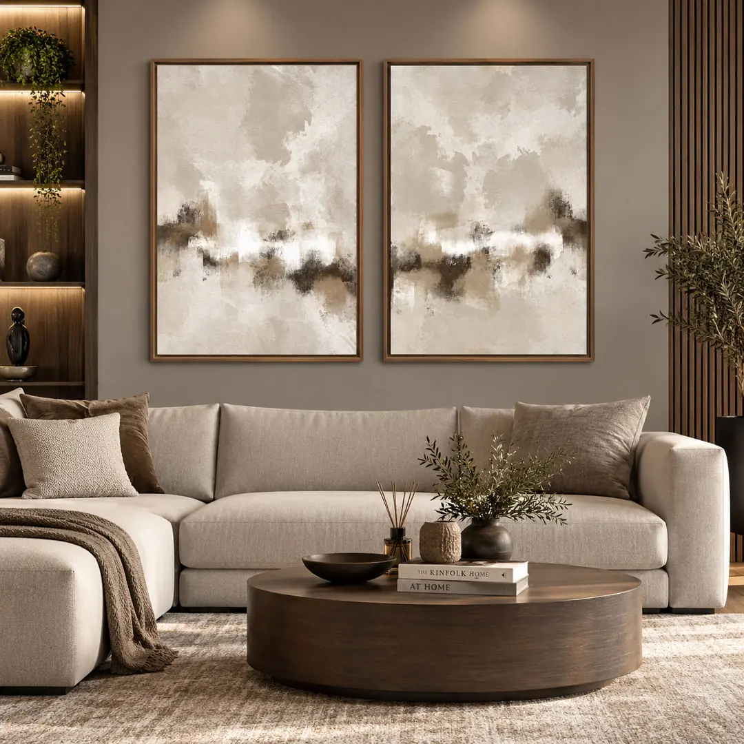 Ahşap Çerçeveli - Modern Soyut Bej Ufuk - Misafir ve Oturma Odası İkili Tablo Seti - 50x70cm
