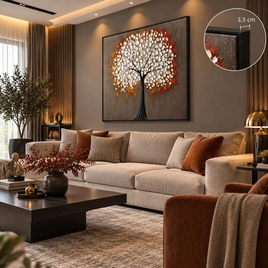 Siyah Ahşap Çerçeveli - 100x100cm Beyaz Yapraklı Hayat Ağacı Kanvas Tuval Tablo - VOOV9115 2