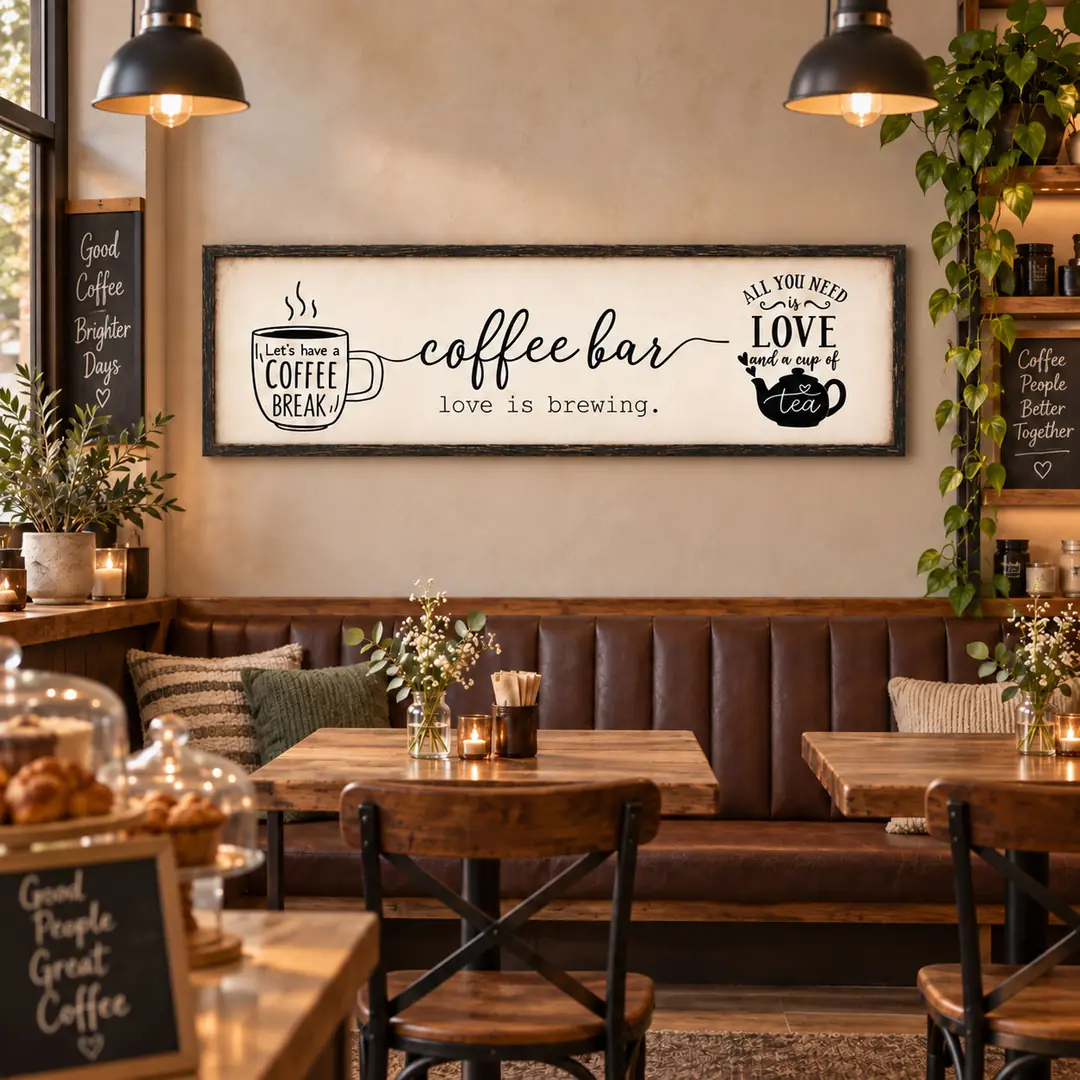 Ahşap Çerçeveli - Coffee Bar - Panoramik Kafe ve Mutfak Tablosu - 50x140cm