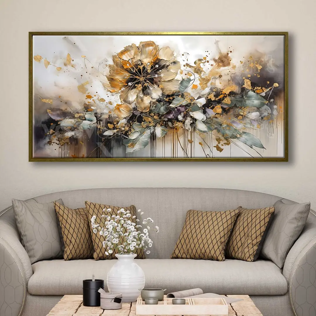 70x140cm Eskitme Gold Çerçeveli Soyut Çiçek Dekoratif Kanvas Tablo - ART1280