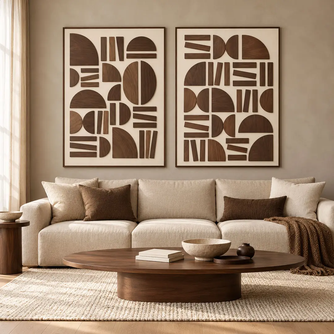 Modern Geometrik Formlar  Krem Kahverengi - Salon Duvar İkili Kanvas Tuval Tablo Seti