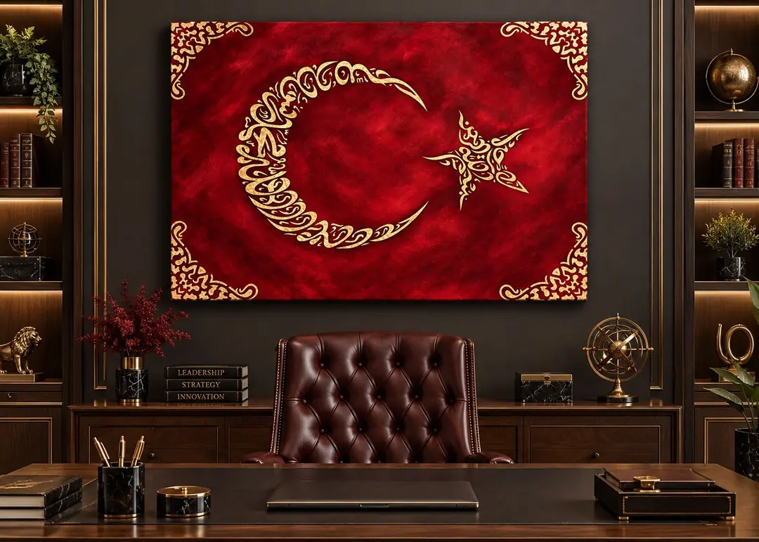 Hat Sanatlı Ay Yıldız Türk Bayrağı- İslami Tuval Kanvas Tablo - VOOV7030