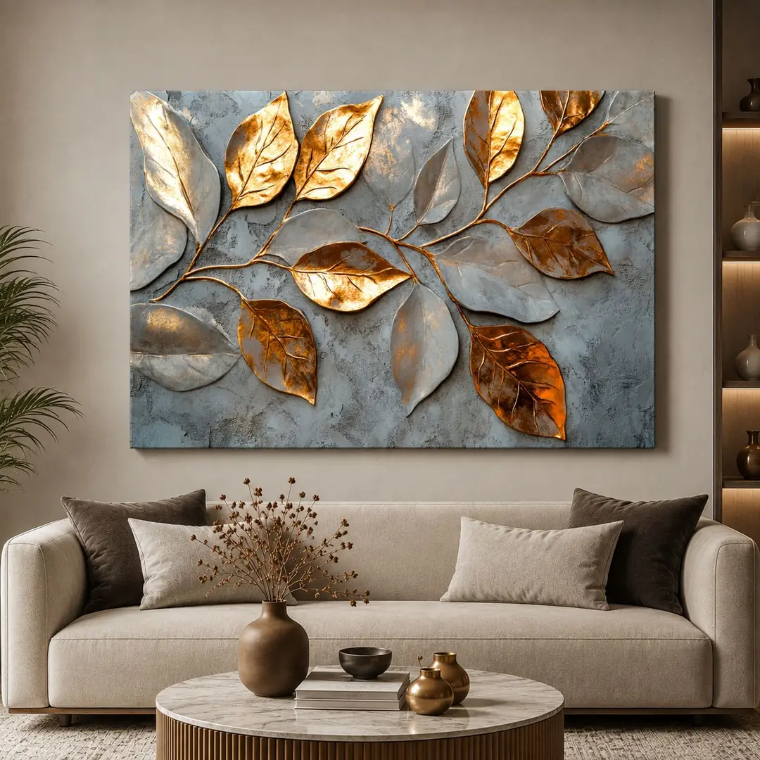 Dekoratif Gold Gümüş Yapraklar Kanvas Tablo - VOOV3258 1
