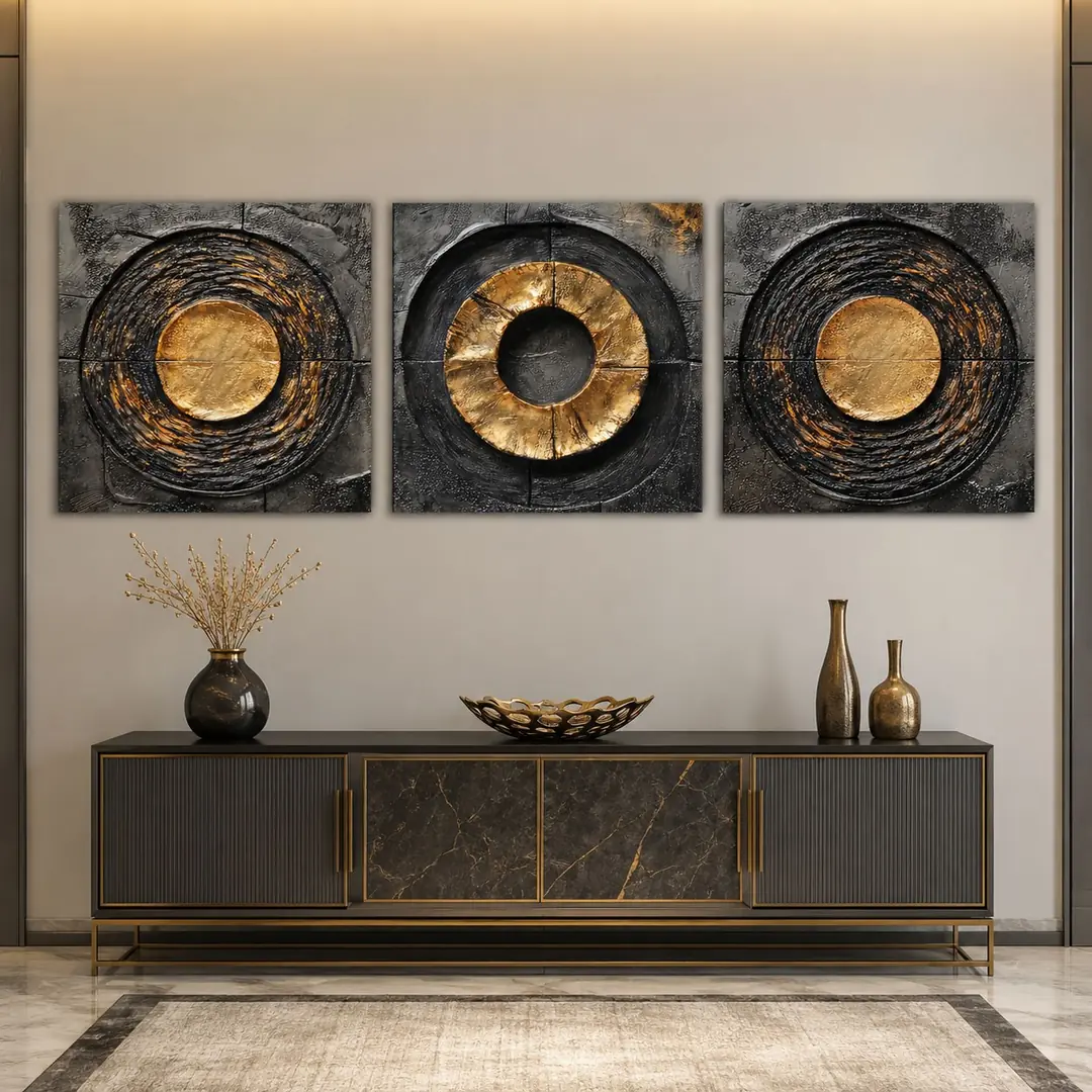 Golden Orbit Kanvas Duvar Tablosu - 3'lü Canvas Tablo Seti - VOOV4169 1