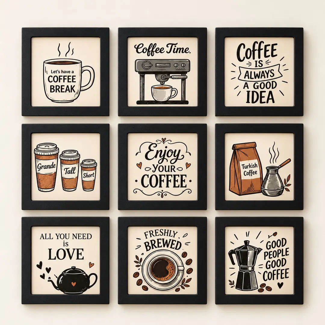 Kahve Molası Coffee Keyfi Seti - Dokuzlu Kare Siyah Ahşap Çerçeveli Lüks Tablo Seti ( 30x30cm ) 9 Adet 2
