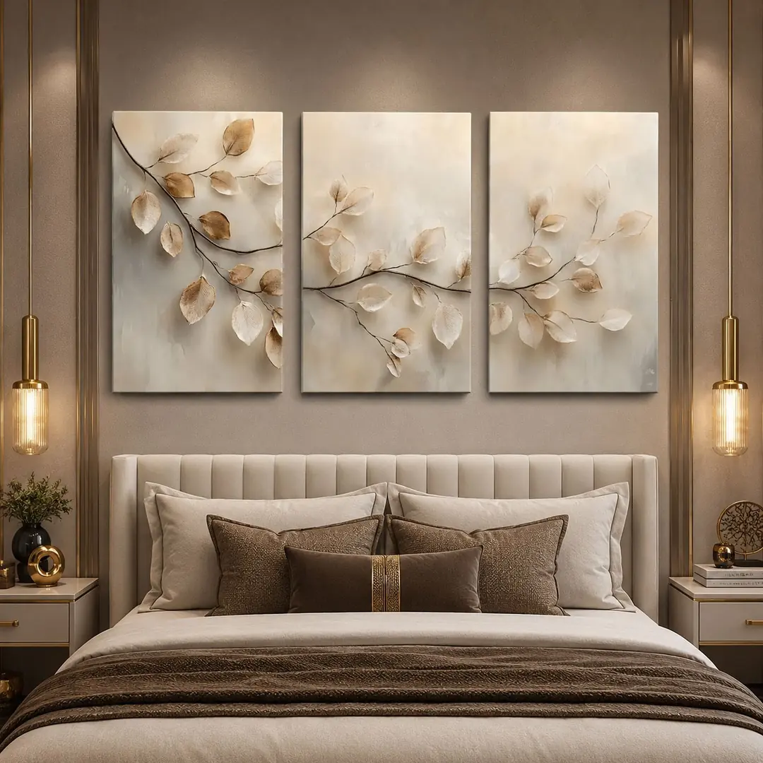 Bej Yaprakların Dansı Kanvas Duvar Tablosu - 3'lü Canvas Tablo Seti - VOOV4075 2