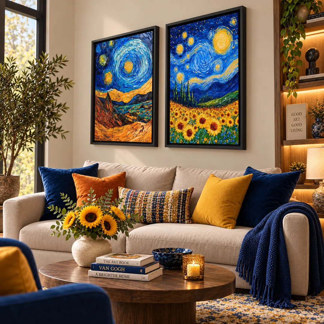 Ahşap Çerçeveli - Yıldızlı Gece - Misafir ve Oturma Odası İkili Tablo Seti - 50x70cm 2