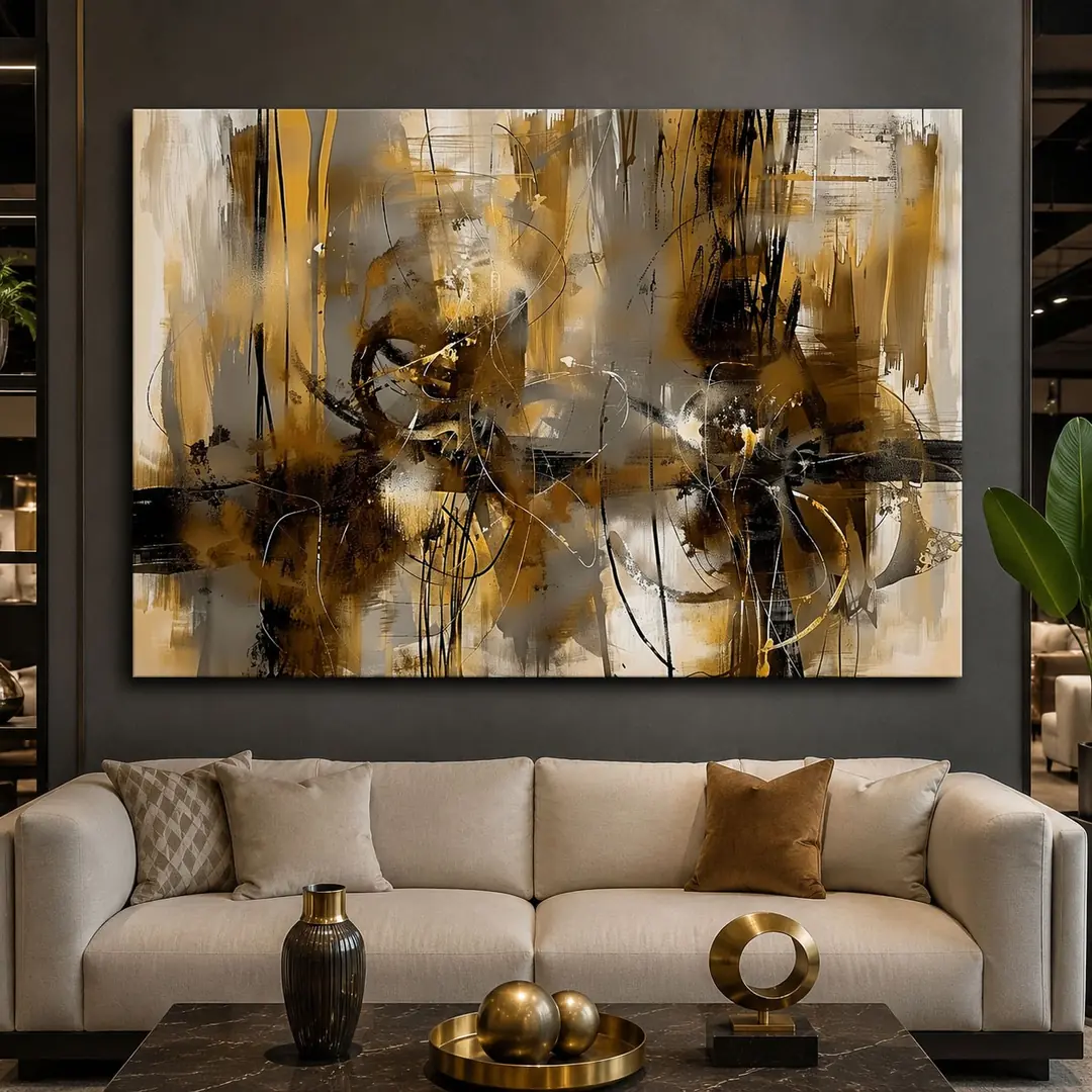 Golden Chaos Dekoratif Soyut Kanvas Tablo - VOOV3550 1