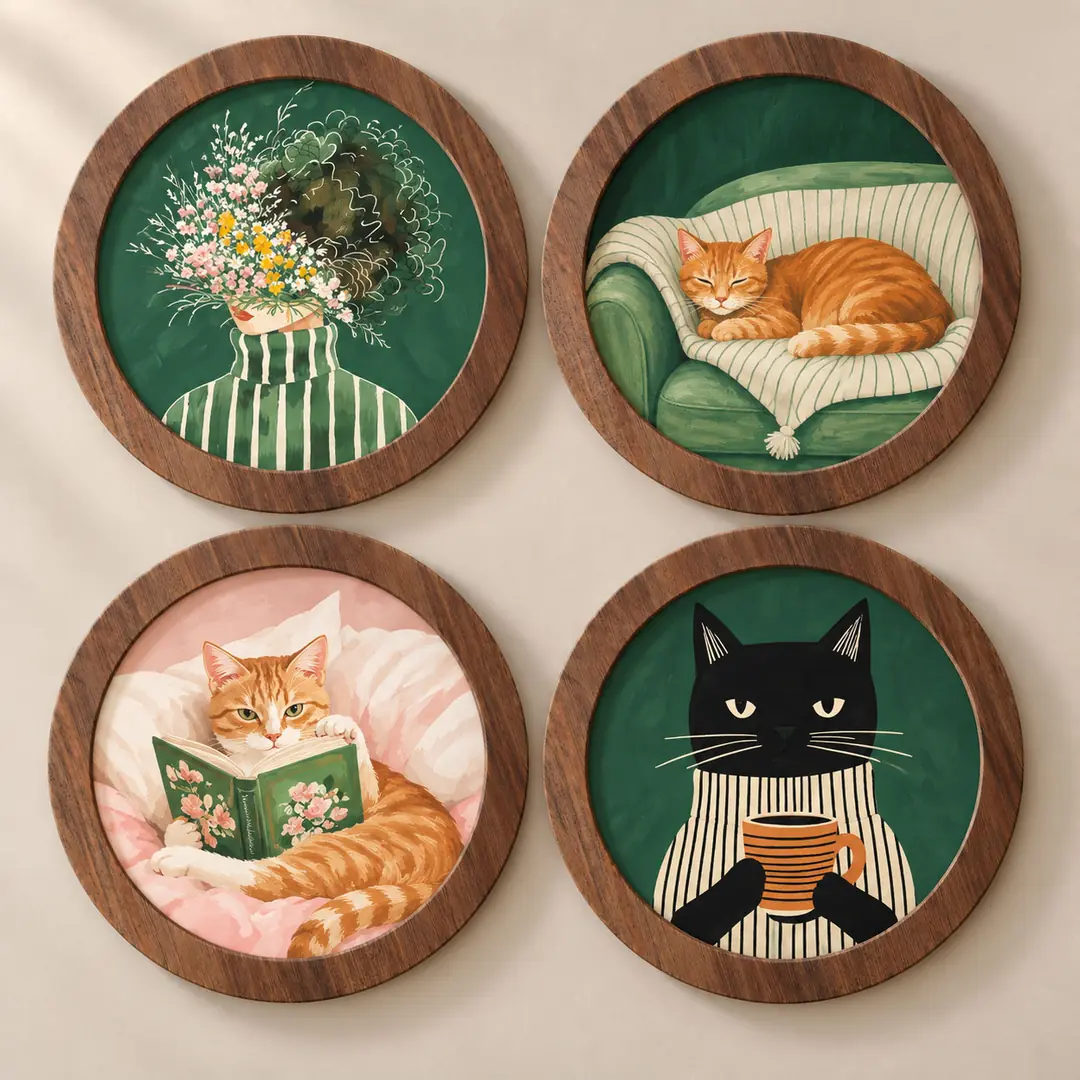 Kedi Aşkı - Dörtlü Dairesel Ceviz Ahşap Çerçeveli Lüks Tablo Seti ( 35x35cm ) 4 Adet 2