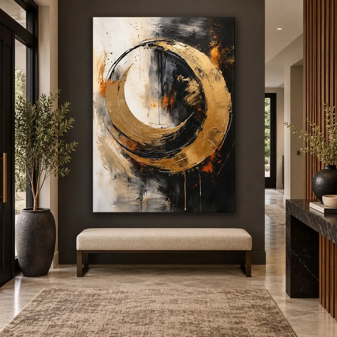 Gold Döngü Siyah Bej Modern Soyut Tuval Kanvas Tablo - VOOV3429 1