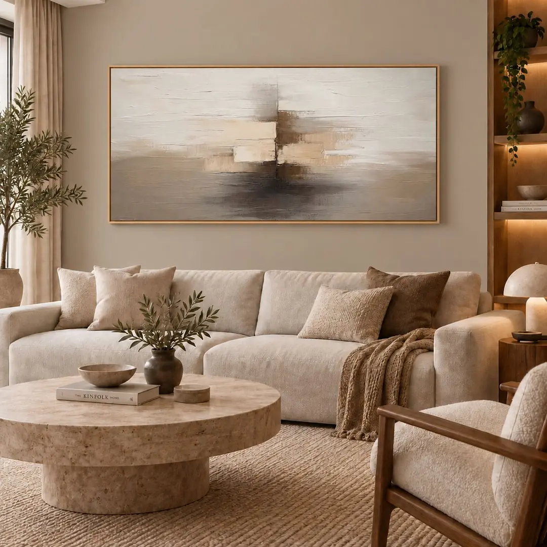 Ahşap Çerçeveli - 75x150cm Bej Gri Kahve Vizon Modern Soyut Kanvas Tuval Tablo - VOOV9137 1