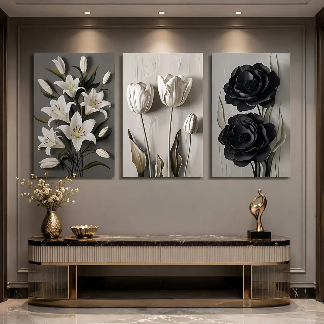 Monochrome Garden Kanvas Duvar Tablosu - 3'lü Canvas Tablo Seti - VOOV4376 3