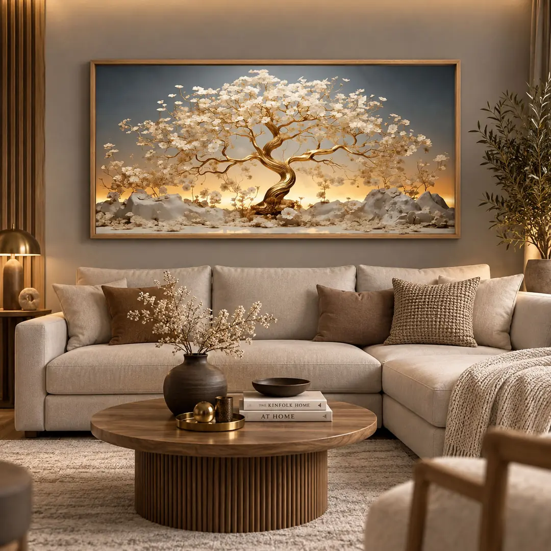 Ahşap Çerçeveli - Muhteşem Hayat Ağacı - Misafir ve Oturma Odası Tablosu - 70x140cm