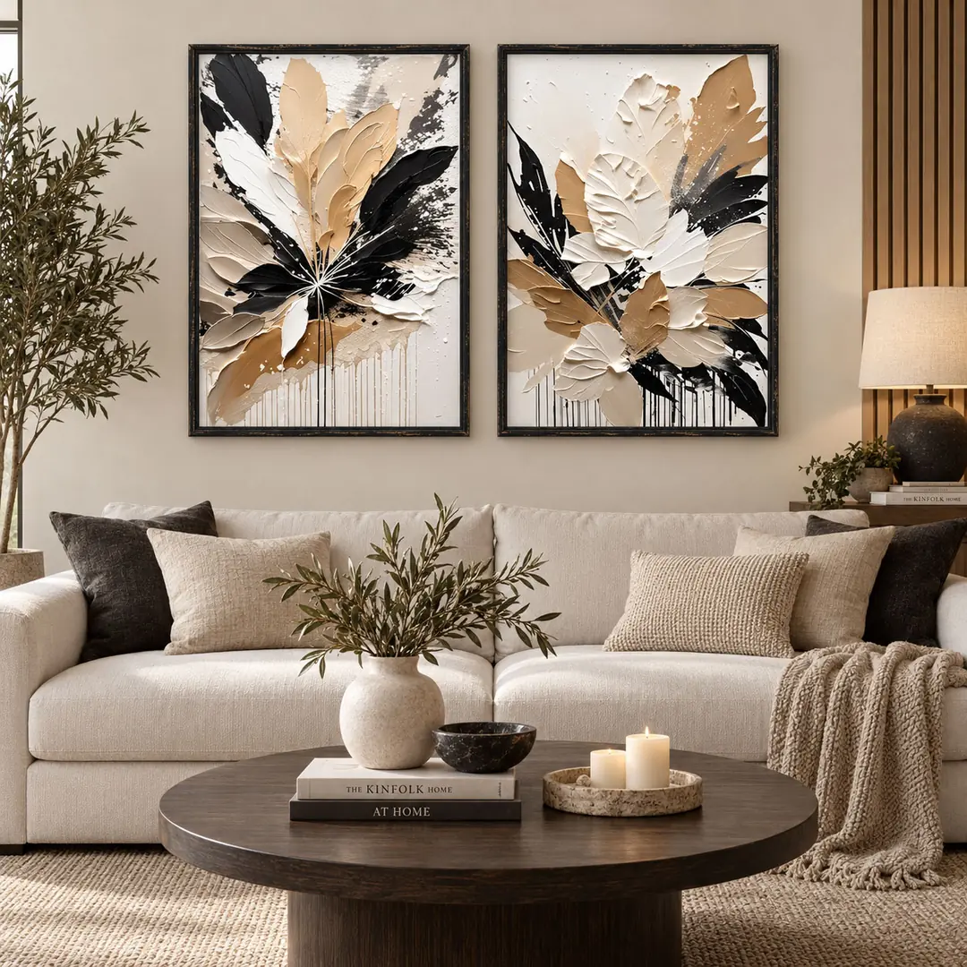 Ahşap Çerçeveli - Soyut Yapraklar - Misafir ve Oturma Odası İkili Tablo Seti - 50x70cm