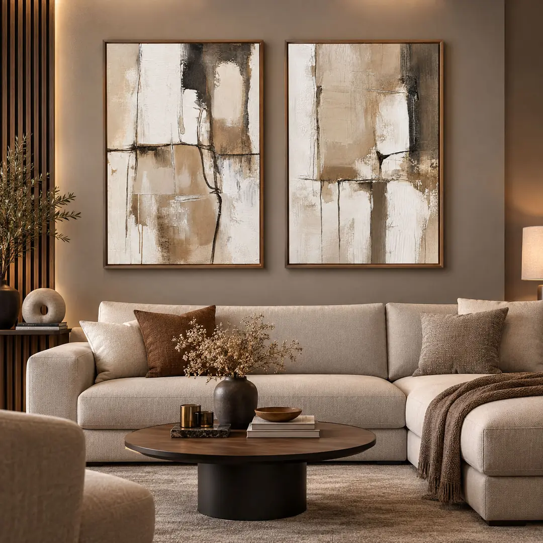 Ahşap Çerçeveli - Bej Antrasit Kahve Soyut - Misafir ve Oturma Odası İkili Tablo Seti - 50x70cm