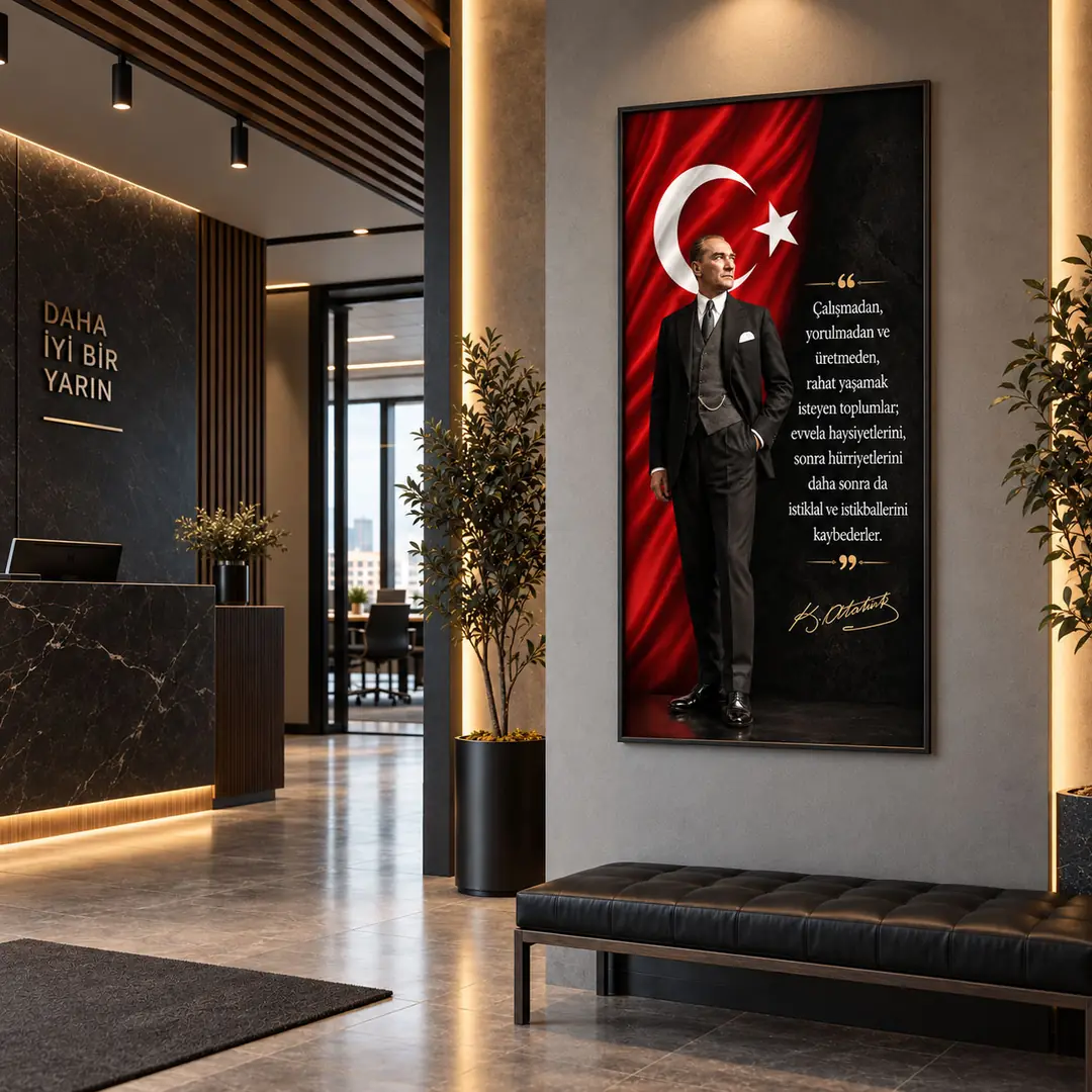 Ahşap Çerçeveli - Mustafa Kemal Atatürk - Dikey Ofis ve Makam Odası Tablosu - 140x70cm