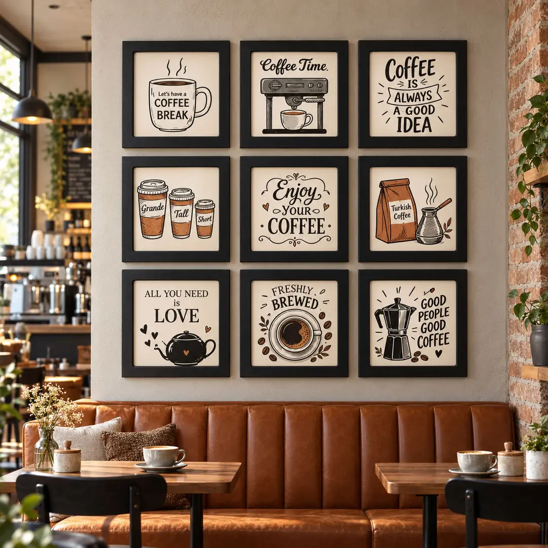 Kahve Molası Coffee Keyfi Seti - Dokuzlu Kare Siyah Ahşap Çerçeveli Lüks Tablo Seti ( 30x30cm ) 9 Adet