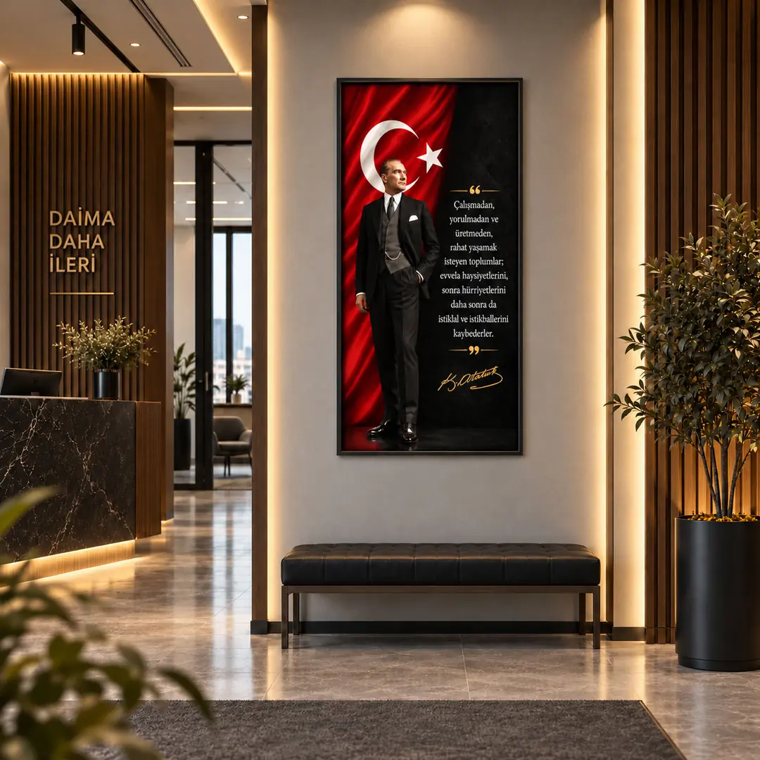 Ahşap Çerçeveli - Mustafa Kemal Atatürk - Dikey Ofis ve Makam Odası Tablosu - 140x70cm 2
