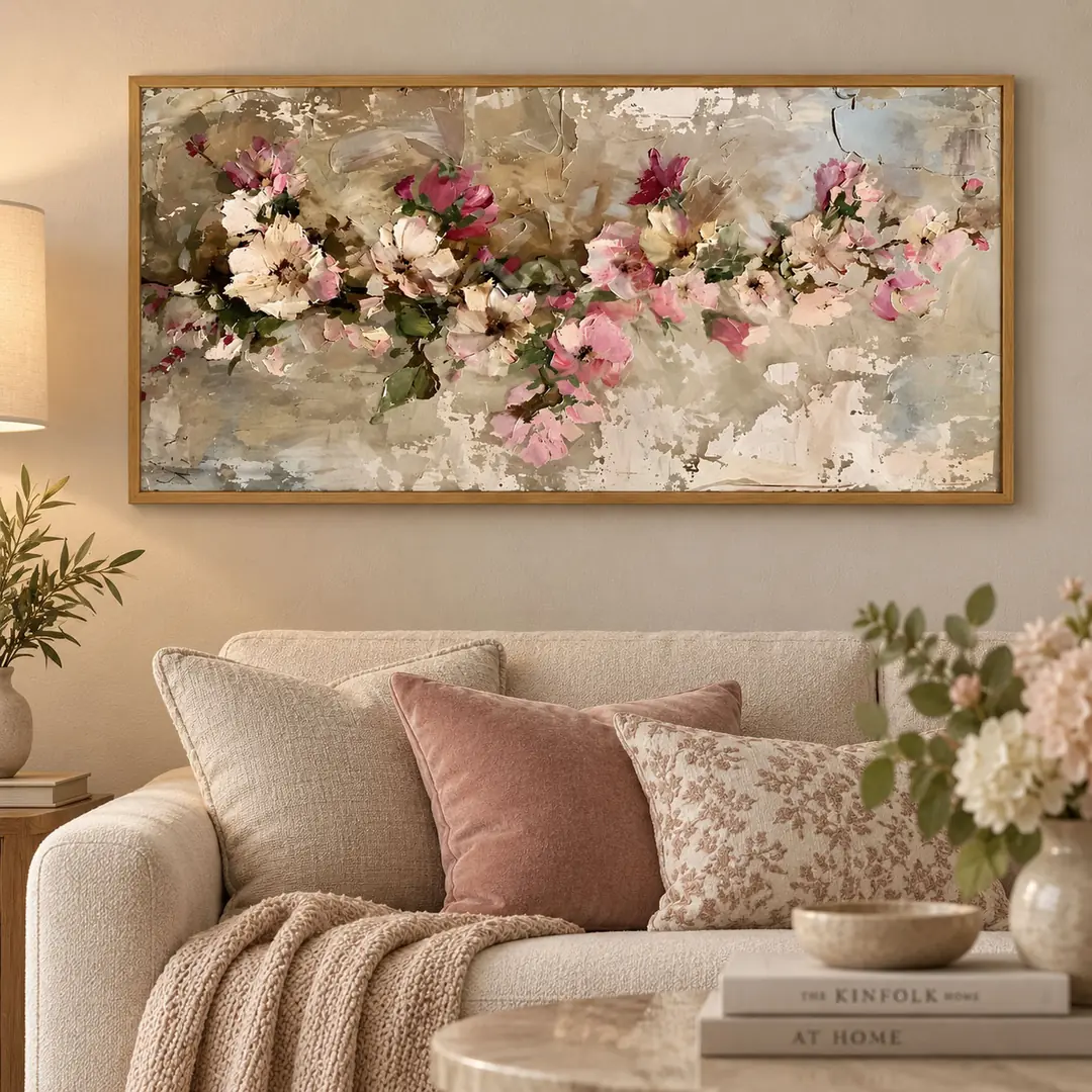 70x140cm Natürel Çerçeveli Modern Soyut Çiçekler Dekoratif Kanvas Tablo - VOOV3800