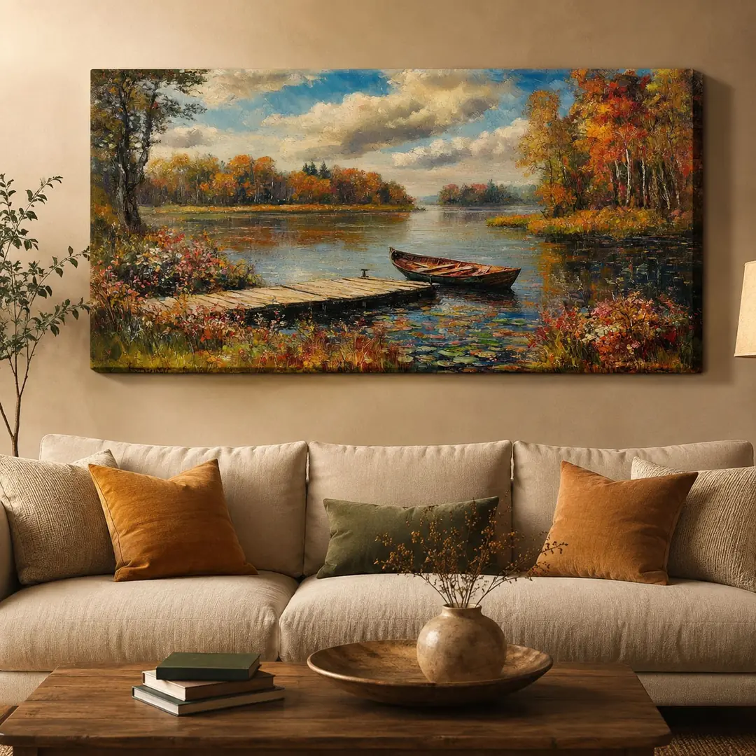 Sonbahar Göl ve Sandal Manzarası Kanvas Tablo - VOOV3293 1