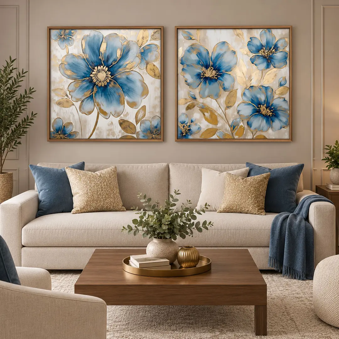 Ahşap Çerçeveli - Gold Yapraklı Soyut Mavi Manolyalar Kare - Misafir ve Oturma Odası İkili Tablo Seti - 70x70cm