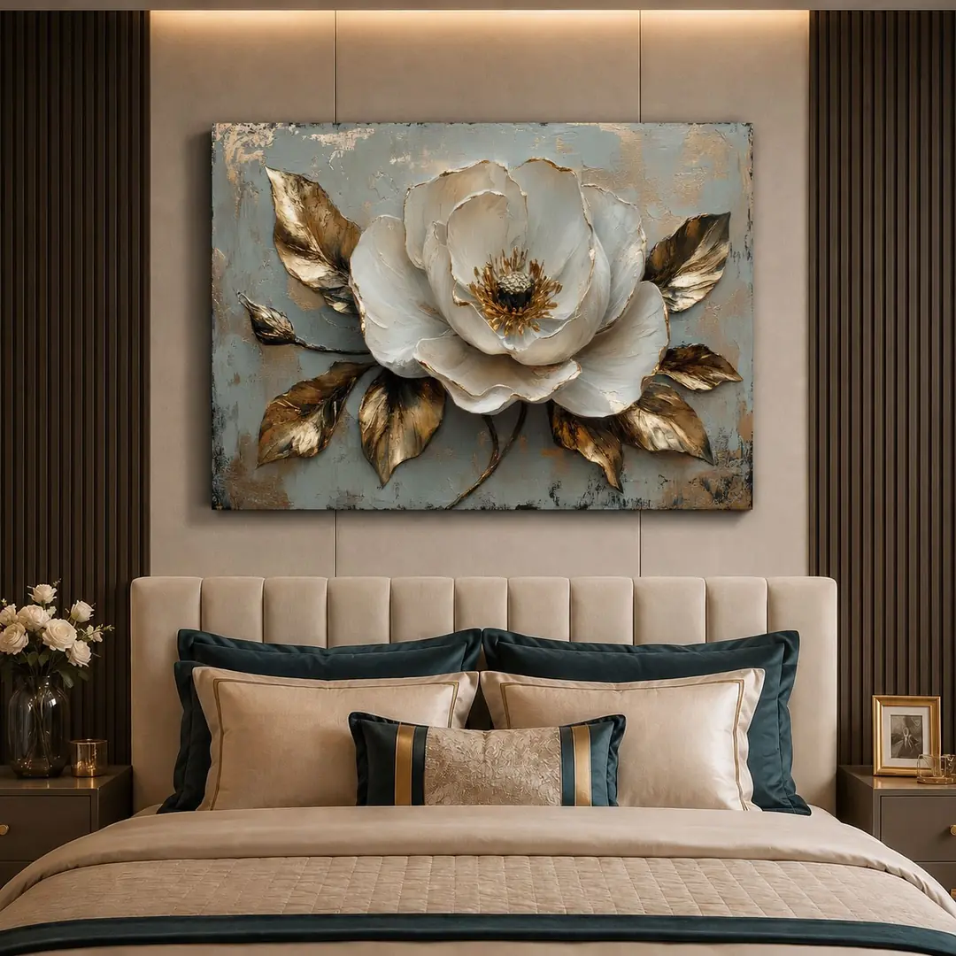 Beyaz Manolya Gold Yapraklar Kanvas Tablo- VOOV3646 1