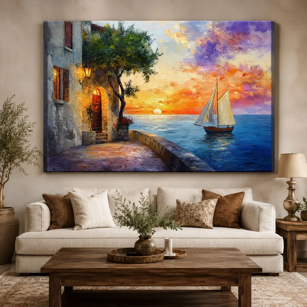 Sahil Kasabası Gün Batımı ve Yelkenli Manzarası Kanvas Tablo - VOOV3535 1