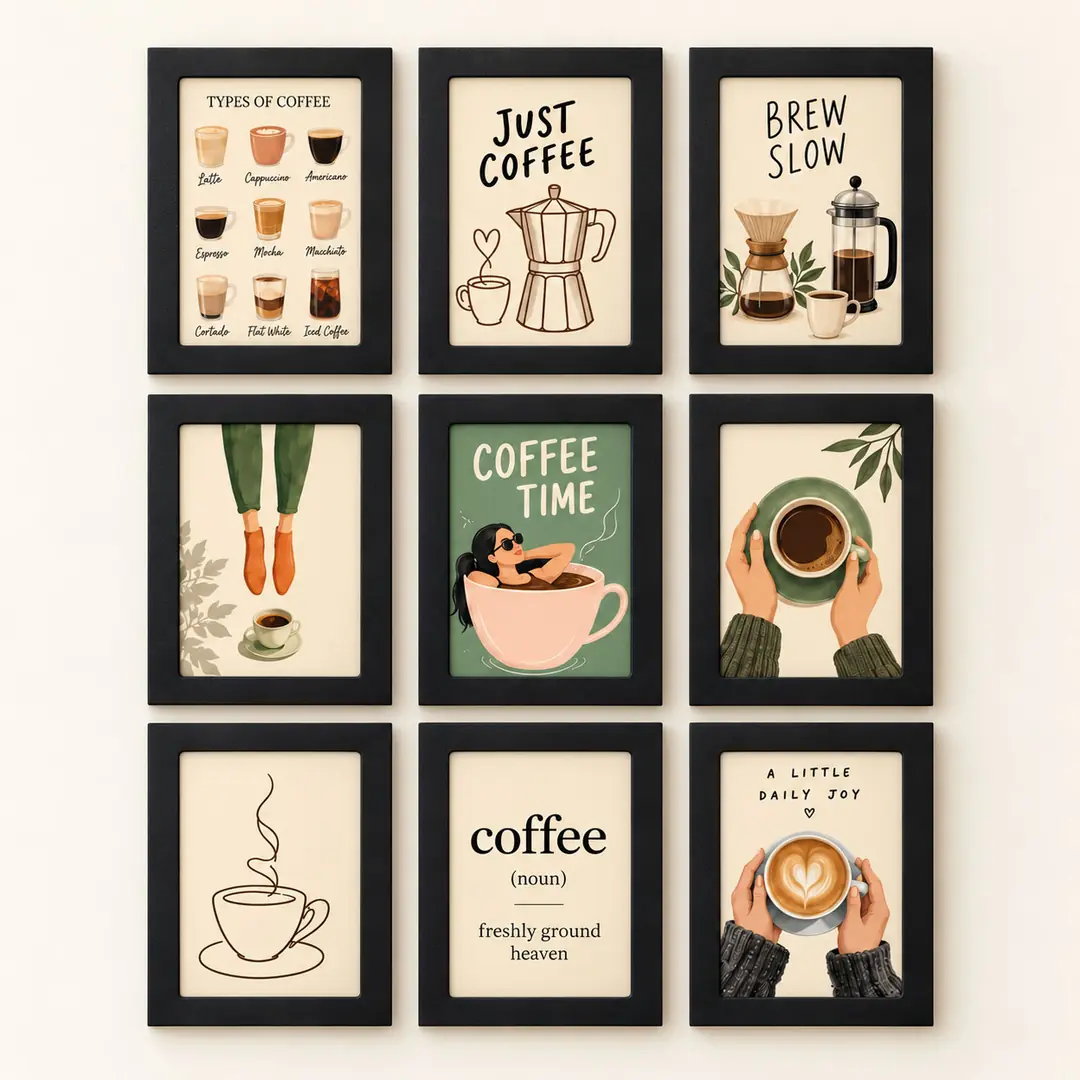 Kahve Ritüeli Coffee Keyfi Seti - Dokuzlu Dikey Siyah Ahşap Çerçeveli Lüks Tablo Seti ( 25x35cm ) 9 Adet 2