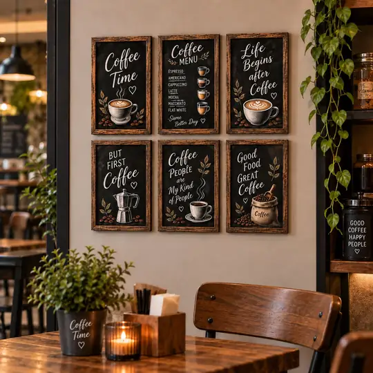 Eskitme Ahşap Çerçeveli - Coffee Time Kafeterya Dekoru - Altılı Tablo Seti ( 17,50 x 35 cm ) - EW1042